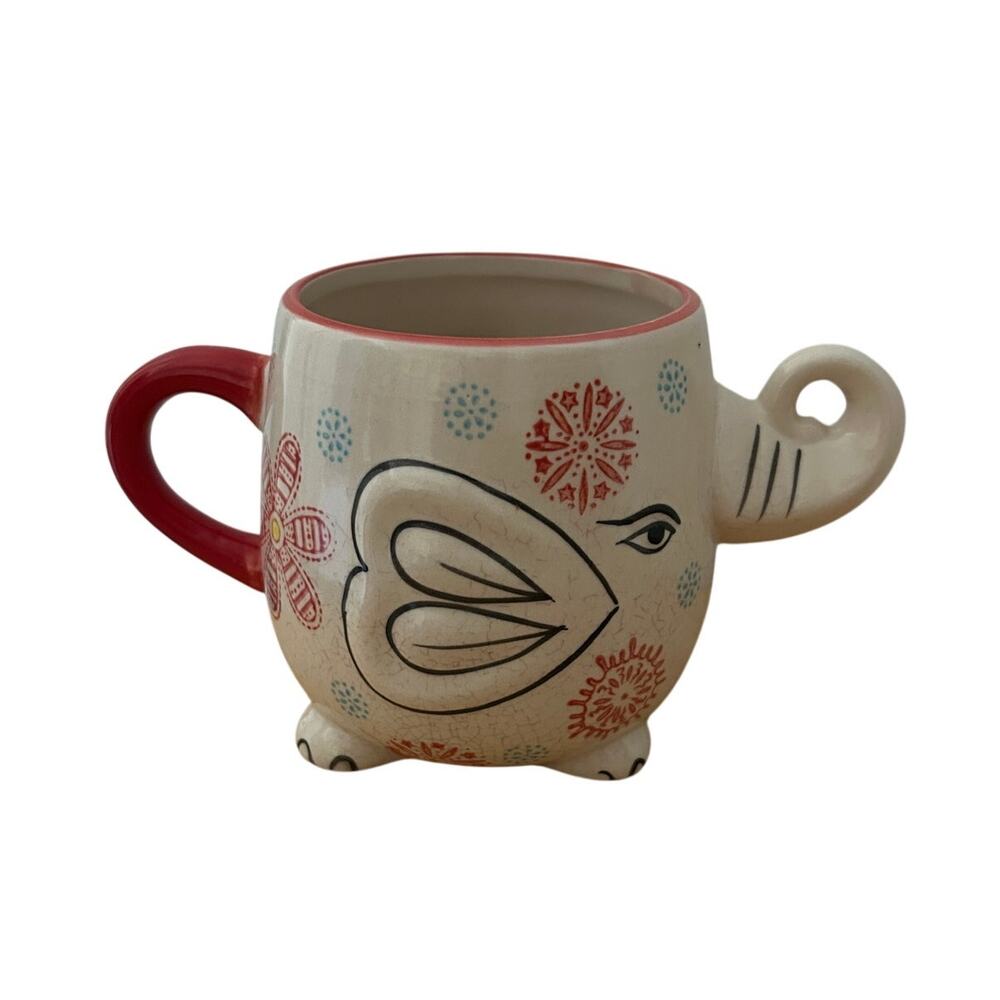 Miyabi Elephant Mug by Yokohama Studio Hand‑Painted Embossed Ceramic Red Handle